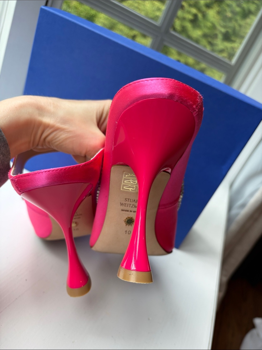Stuart Weitzman Magenta Curve Satin Crystal-Trim Pointed-Toe Heels - Picture 9 of 13